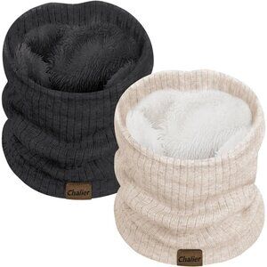 Women's (grey+ Beige) Scarf Winter Double-Layer Neck Warmer Knit Fleece 2Pack
